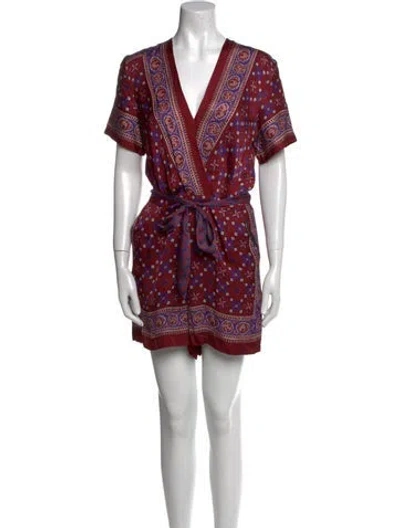 Pre-owned Sandro Printed V-neck Romper In Burgundy