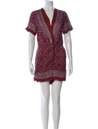 Pre-owned Sandro Printed V-neck Romper In Burgundy