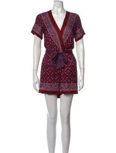 Pre-owned Sandro Printed V-neck Romper In Burgundy