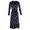 Sandro Printed Wrap Midi Dress In Navy Blue Silk In Blue