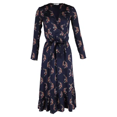 Sandro Printed Wrap Midi Dress In Navy Blue Silk