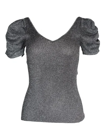 Pre-owned Sandro Puffed-sleeve Stretch-knit Top In Gray