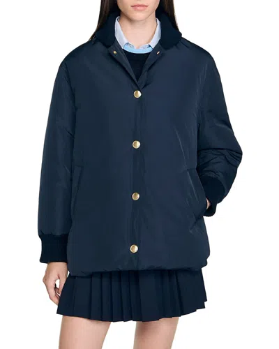 Sandro Puffer Jacket With Teddy Collar In Blue