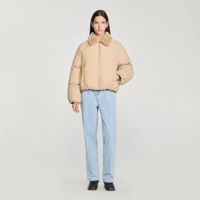 Sandro Puffer Jacket With Faux Shearling Collar In Sand