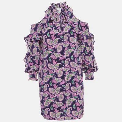 Pre-owned Sandro Purple Printed Silk Ruffled Cold-shoulder Dress S