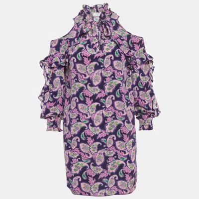 Sandro Purple Printed Silk Ruffled Cold-shoulder Dress