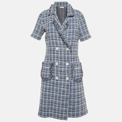Sandro Purple Tweed Double Breasted Mini Dress In Blue