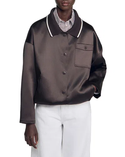 Sandro Quinn Satin Polo Collar Jacket In Blue