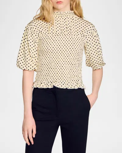 SANDRO RACINE POLKA DOT SMOCKED BLOUSE