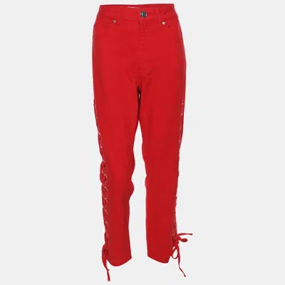 Sandro Red Denim Lace-up Details Trousers In Animal Print