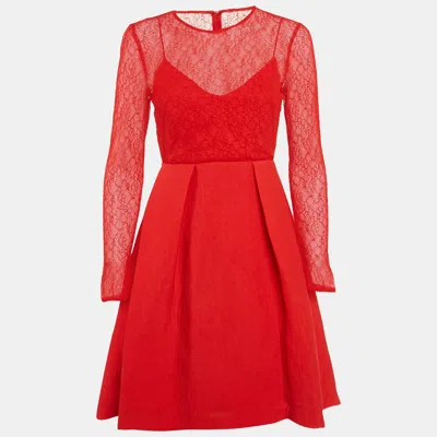 Sandro Red Lace And Textured Crepe Pleated Mini Dress