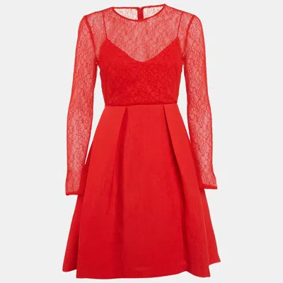 Pre-owned Sandro Red Lace And Textured Crepe Pleated Mini Dress Xs