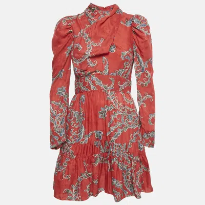 Pre-owned Sandro Red Paisley Print Satin Draped Neck Mini Dress S