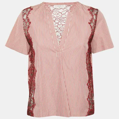 Sandro Red Stripe Cotton Lace Trimmed Top