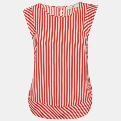 Pre-owned Sandro Red White/ Red Stripe Crepe Short Sleeve Top S