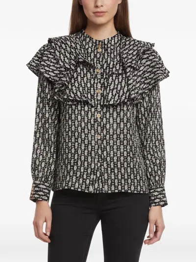 Pre-owned Sandro Reine Ruffled Blouse In Black
