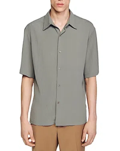Sandro Relaxed Fit Short Sleeve Crinkle Shirt In Noir / Gris