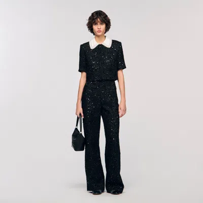 Sandro Womens Black Cropped Rhinestone-embellished Tweed Jacket