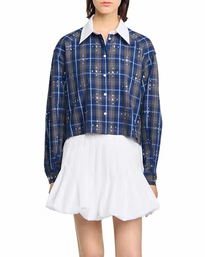Sandro Rhinestone Button Front Shirt In Blue