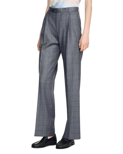 Sandro Rhinestone Check Wool Pants In Gray