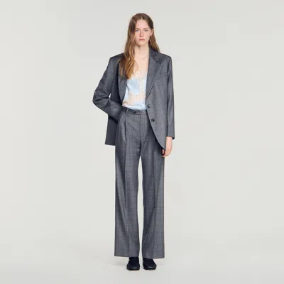 Sandro Rhinestone Check Wool Trousers In Gray