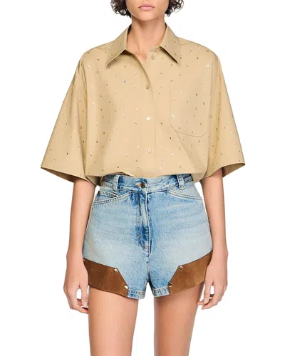 Sandro Rhinestone Cotton Shirt In Brown