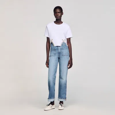 Sandro Rhinestone Crop Top In White