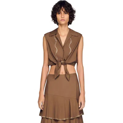 Sandro Rhinestone Cropped Shirt In Brown
