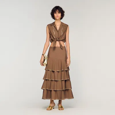 Sandro Rhinestone Cropped Shirt In Brown