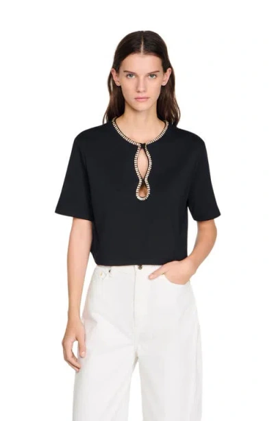 Sandro Rhinestone Cropped T-shirt In Black