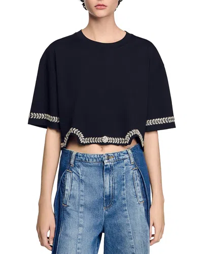 SANDRO RHINESTONE CROPPED TEE
