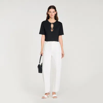 Sandro Womens Black Cropped Rhinestone-embellished Cotton-blend T-shirt