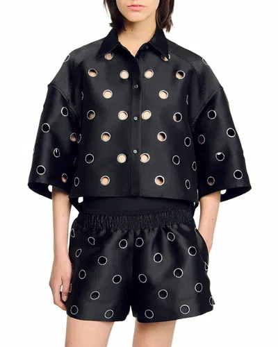 Sandro Rhinestone Cutout Shirt In Black
