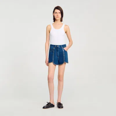 Sandro Rhinestone Denim Shorts In Blue