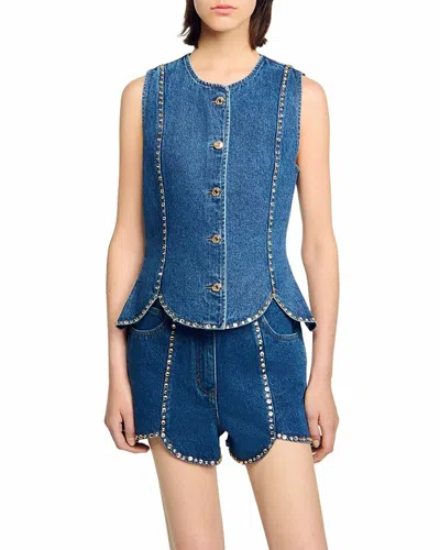 Sandro Rhinestone Denim Top In Blue