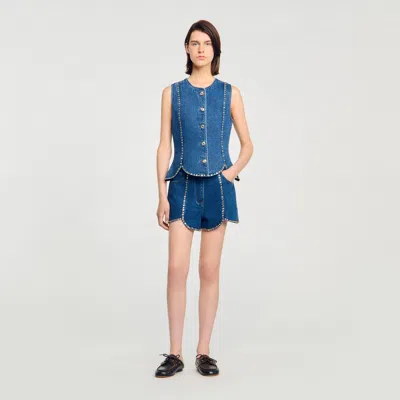 Sandro Rhinestone Denim Top In Blue