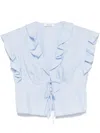 Sandro Womens Bleus Rhinestone-embellished Ruffled-trim Cotton Top In Blue