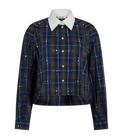 Sandro Womens Blue Rhinestone-embellished Relaxed-fit Checked Cotton Shirt