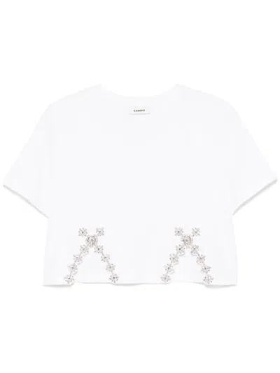 Sandro Womens Naturels Crystal-embellished Cut-out Cotton-blend T-shirt