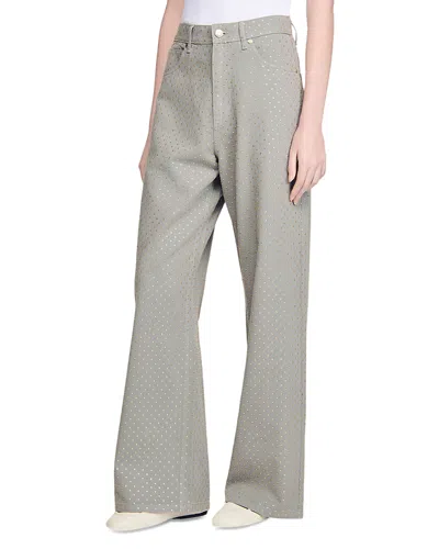 Sandro Rhinestone Embellished Wide Leg Jeans In Sand In Gray
