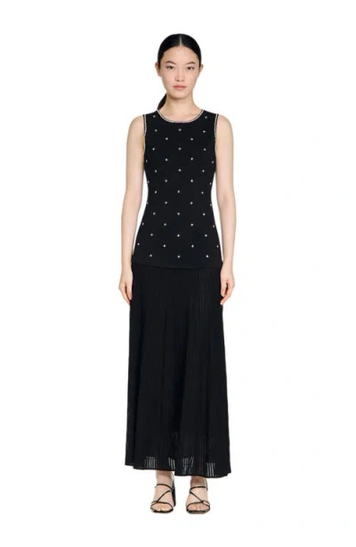 Sandro Rhinestone Flower Print Maxi Dress In Black