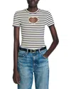 Sandro Womens Ecru Striped Embellished-heart Stretch-cotton T-shirt In White