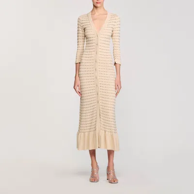 Sandro Rhinestone Knit Maxi Dress In Beige