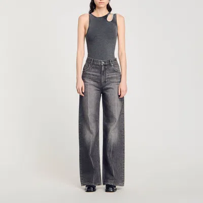 Sandro Rhinestone One-shoulder Bodysuit In Grey