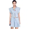 Sandro Womens Bleus Rhinestone-embellished Ruffled-trim Cotton Top In Sky Blue
