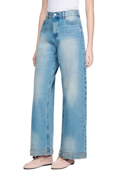 Sandro Rhinestone Straight Jeans In Blue Jean