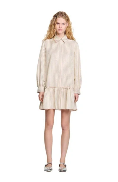 Sandro Rhinestone Striped Shirt Dress In Neutral