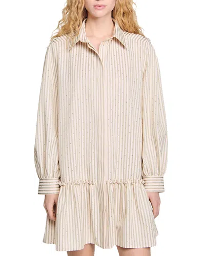 Sandro Rhinestone Striped Shirt Dress In Khaki/pink