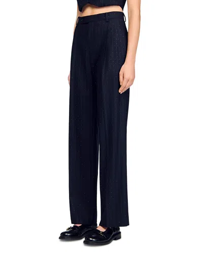 Sandro Rhinestone Striped Trousers In Blue
