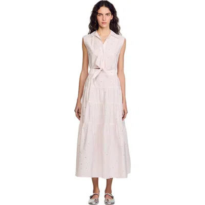 Sandro Rhinestone Tie-front Maxi Dress In Light Pink